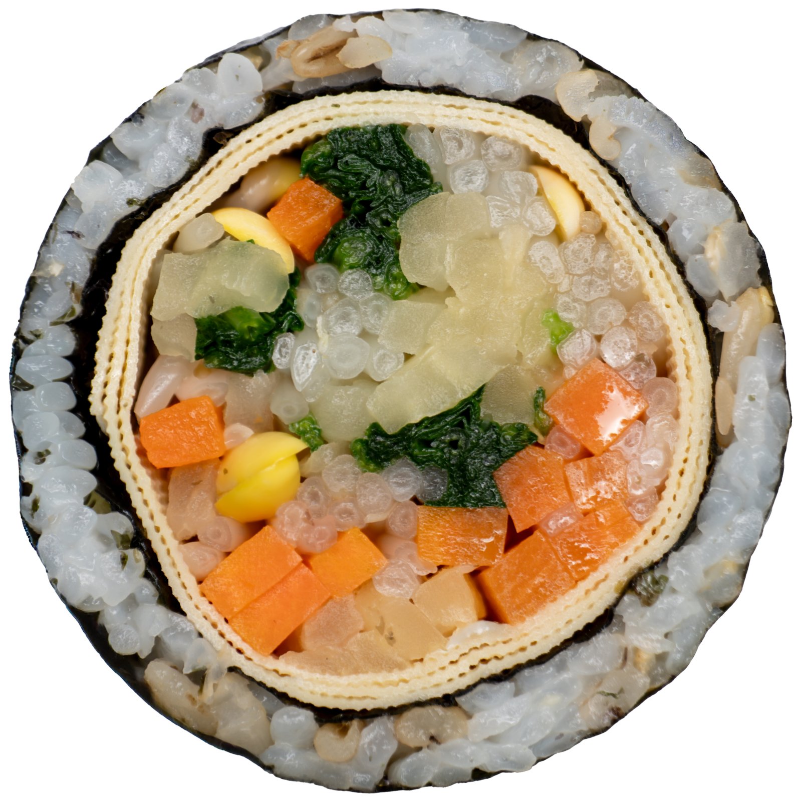 비건김밥 아삭포두부 야채말이 — 단면
